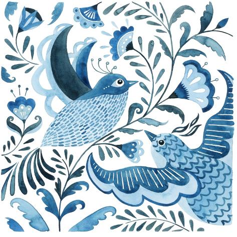 Art Print: Playful Blue Bird Folk I by Grace Popp: 12x12in
