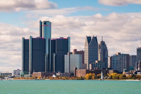 Photo: Detroit, Michigan, USA downtown city skyline on the Detroit River: 12x8in