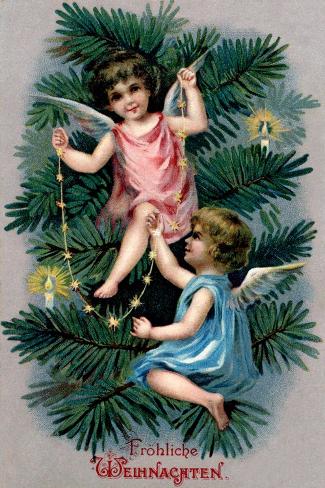 Art Print: Christmas tree decorated with angels: 18x12in