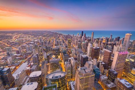 Photo: Chicago, Illinois, USA aerial downtown skyline at dusk towards Lake Michigan: 12x8in