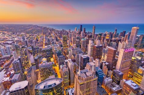 Photo: Chicago, Illinois, USA aerial downtown skyline at dusk towards Lake Michigan: 12x8in