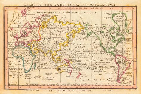 Giclee Print: World Map, 1798. by William Faden: 18x12in