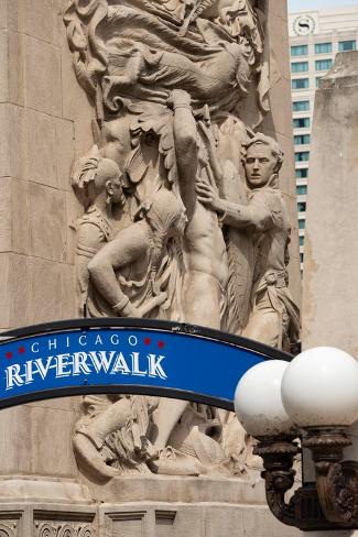Photographic Print: Riverwalk signage along the Chicago River in downtown Chicago with Michigan Avenue bas-relief by Alan Klehr: 12x8in