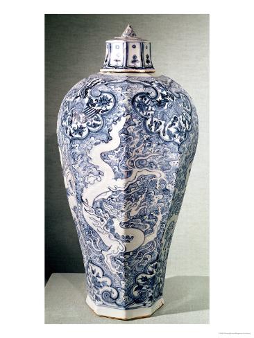 Giclee Print: Octagonal Mei- PIng Vase with White and Blue Decoration, from Baoding, Hebei, Yuan Dynasty: 24x18in