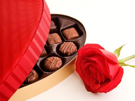 Photographic Print: Studio Shot of Box of Romantic Chocolates and Red Rose: 24x18in