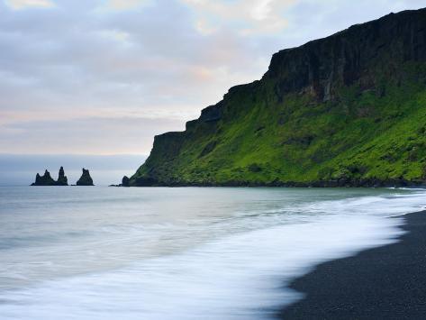 Photographic Print: Black Sand Beach and Reynisdrangur Sea Stacks, Vik, Cape Dyrholaey, South Coast, Iceland by Michele Falzone: 24x18in