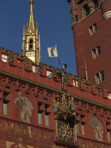 Photographic Print: Clock, Wall Paintings and Bell Tower on the Town Hall in Basle, Switzerland, Europe by Charles Bowman: 24x18in