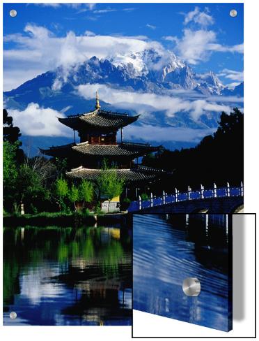 Art on Acrylic: Pagoda Reflected in Black Dragon Pool in Front of Jade Dragon Snow Mountain, Lijiang, China by Richard I'Anson: 24x18in