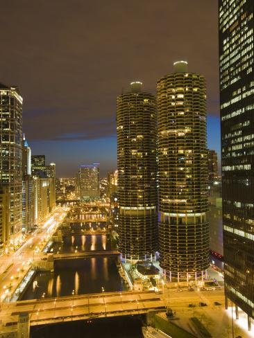 Photographic Print: Skyscrapers Lining the Chicago River and West Wacker Drive at Dusk, Chicago, Illinois, USA by Amanda Hall: 24x18in