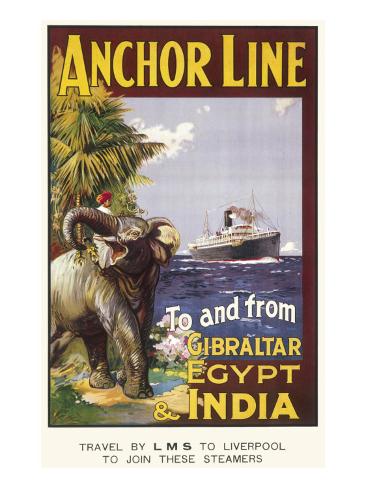 Giclee Print: Anchor Line Poster for Ship Travel Between Gibraltar, Egypt and India with an Elephant: 16x12in