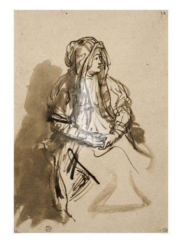 Giclee Print: Femme (Saskia? ) assise, les mains sur les genoux, coiffée d'un long voile by Rembrandt van Rijn: 24x18in
