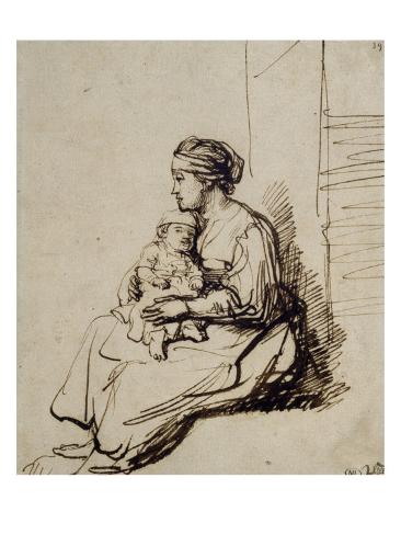 Giclee Print: Jeune femme assise tenant son enfant sur ses genoux by Rembrandt van Rijn: 24x18in