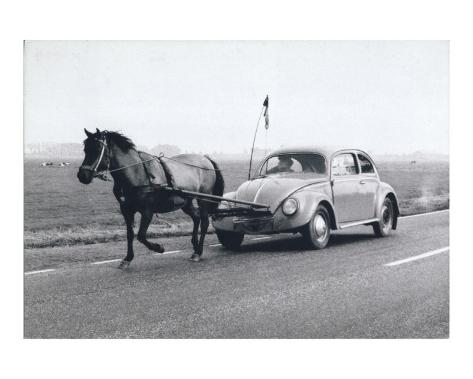 Art Print: Pony Pulling Volkswagon, France Wall Art: 16x20in