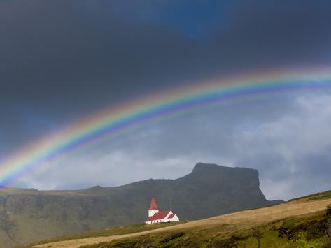 Photographic Print: Rainbow over Church, Vik, Iceland Poster by Peter Adams: 24x18in