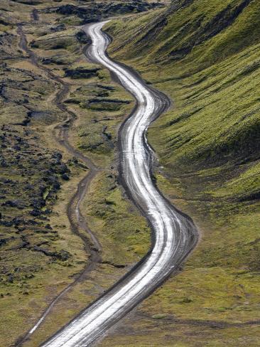 Photographic Print: Dirt Road and Moss Covered Mountains, Landmannalaugar, Southern Highlands, Iceland by Peter Adams: 24x18in