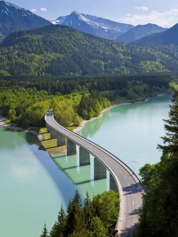 Photographic Print: Road Bridge over Lake, Sylvenstein Lake and Bridge Bavarian Alps Bavaria Germany by Peter Adams: 24x18in