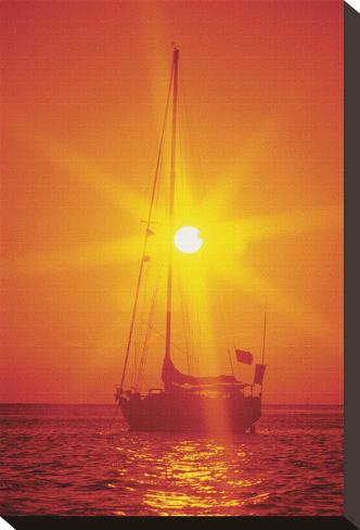 Stretched Canvas Print: Sailboat Silhouette at Sunset Canvas Art: 15x10in