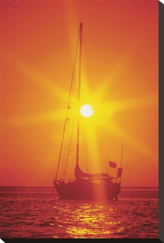 Stretched Canvas Print: Sailboat Silhouette at Sunset: 22x15in