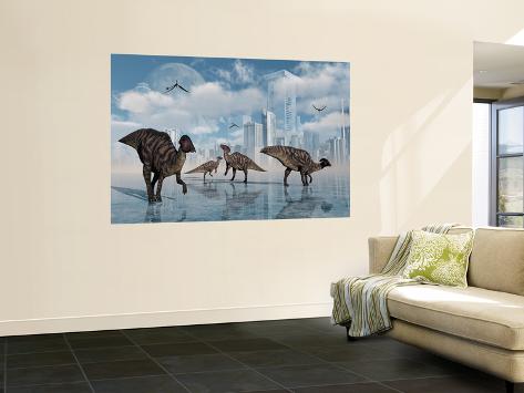 Wall Mural: A Group of Parasaurolophus Duckbill Dinosaurs Gather at a Feeding Ground by Stocktrek Images: 72x48in