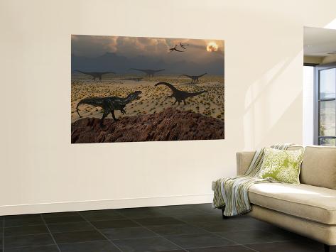 Wall Mural: An Allosaurus Dinosaur Spies a Group of Young Diplodocus Herbivores by Stocktrek Images: 72x48in