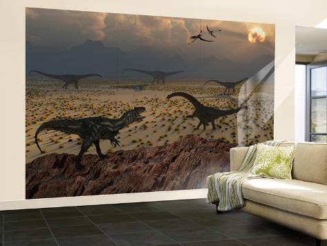 Wall Mural - Large: An Allosaurus Dinosaur Spies a Group of Young Diplodocus Herbivores by Stocktrek Images: 144x96in