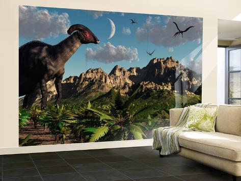 Wall Mural - Large: A Parasaurolophus Dinosaur During the Late Cretaceous Period by Stocktrek Images: 144x96in