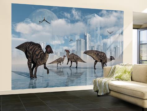 Wall Mural - Large: A Group of Parasaurolophus Duckbill Dinosaurs Gather at a Feeding Ground by Stocktrek Images: 144x96in