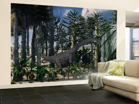 Wall Mural - Large: A Young Diplodocus Dinosaur Feeding in a Prehistoric Forest by Stocktrek Images: 144x96in