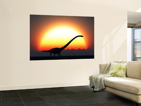Giant Art Print: A Silhouetted Omeisaurus Walks Pass the Rising Sun at the Start of a New Day by Stocktrek Images: 72x48in