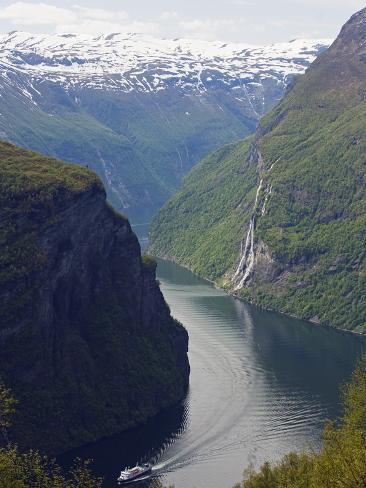 Photographic Print: Tourist Cruise Ship on Geiranger Fjord, Western Fjords, Norway, Scandinavia, Europe by Christian Kober: 12x9in