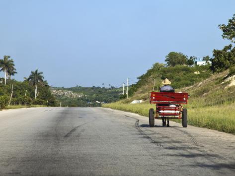Photographic Print: Man Driving Horse and Cart on a Wide Deserted Country Road, Cuba, West Indies, Central America: 24x18in