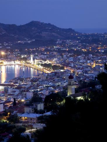 Photographic Print: View of Town from Strani Hill at Dusk, Zakynthos Town, Zakynthos, Ionian Islands, Greek Islands, Gr by Frank Fell: 24x18in