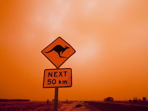 Photographic Print: Kangaroo Crossing Road Sign, Outback Dust Storm, Rural Highway, Ivanhoe, New South Wales, Australia by Paul Souders: 24x18in