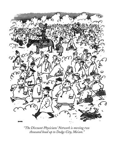 Premium Giclee Print: The Discount Physicians' Network is moving two thousand head up to Dodge … - New Yorker Cartoon by George Booth: 12x9in