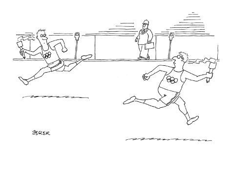 Premium Giclee Print: Two surprised Olympic runners both carrying torches, pass each other going… - New Yorker Cartoon by Jack Ziegler: 12x9in