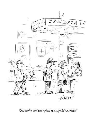 Premium Giclee Print: One senior and one refuses to accept he's a senior. - New Yorker Cartoon by David Sipress: 12x9in