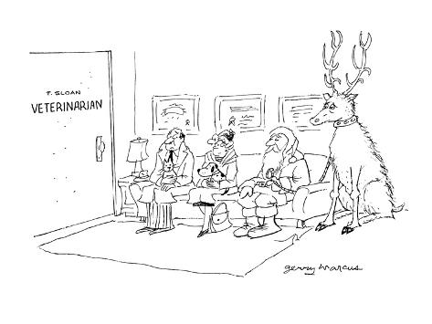 Premium Giclee Print: Santa sitting in the waiting room of 'T. Sloan, Veterinarian' with a sick-… - Cartoon by Jerry Marcus: 12x9in