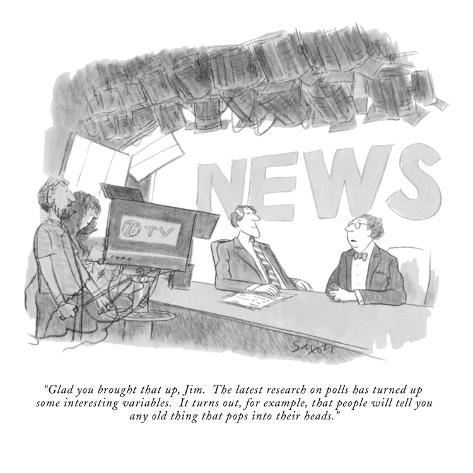 Premium Giclee Print: Glad you brought that up, Jim. The latest research on polls has turned u… - New Yorker Cartoon by Charles Saxon: 12x12in