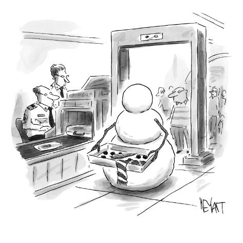 Premium Giclee Print: A snowman goes through airport security, holding his carrot-nose, scarf, a… - New Yorker Cartoon by Christopher Weyant: 12x12in