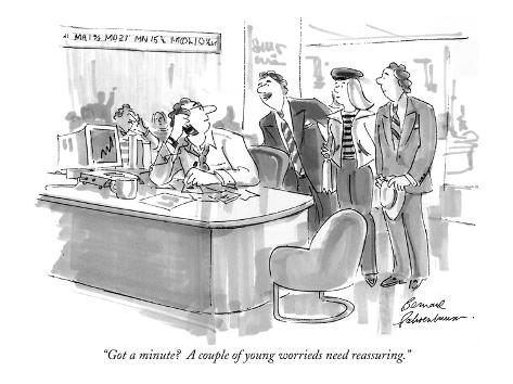 Premium Giclee Print: Got a minute? A couple of young worrieds need reassuring. - New Yorker Cartoon by Bernard Schoenbaum: 12x9in