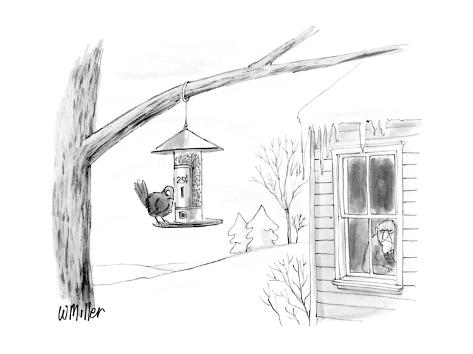 Premium Giclee Print: Bird at feeder that has sign 25 cents and grumpy looking man at the wind… - New Yorker Cartoon by Warren Miller: 12x9in