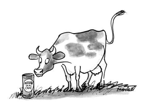 Premium Giclee Print: A cow in a meadow looks at a can with that has a label on it that reads M… - New Yorker Cartoon by Frank Modell: 12x9in