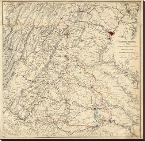 Stretched Canvas Print: Civil War Map Showing Grant's Campaign and Marches through Central Virginia, c.1865: 39x40in