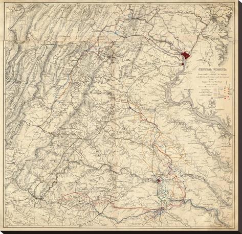 Stretched Canvas Print: Civil War Map Showing Grant's Campaign and Marches through Central Virginia, c.1865: 35x36in