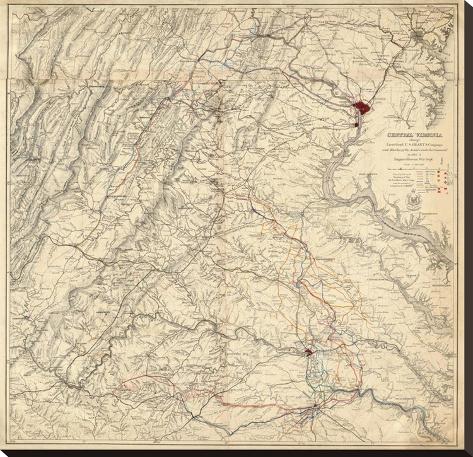 Stretched Canvas Print: Civil War Map Showing Grant's Campaign and Marches through Central Virginia, c.1865: 29x30in