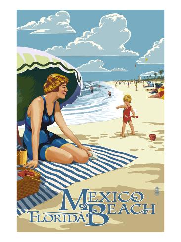 Art Print: Mexico Beach, Florida - Woman and Beach Scene by Lantern Press: 24x18in