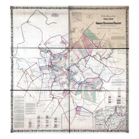 Giclee Print: 1867, Kanawha River Valley Wall Map, West Virginia, United States: 24x24in