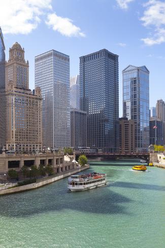 Photographic Print: Tourist Boat on Chicago River with Glass Towers Behind on West Wacker Drive, Chicago, Illinois, USA by Amanda Hall: 24x16in