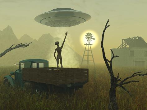 Photographic Print: Artist's Concept of Alien Exploreres Looking Around a Remote, Abandoned Farm by Stocktrek Images: 24x18in