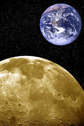 Photographic Print: Moon And Earth, Artwork by Victor De Schwanberg: 18x12in